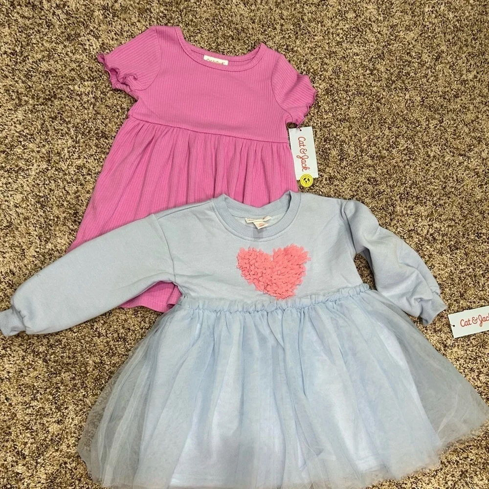 Cat & Jack Bundle Pink Baby Doll Dress & Baby Blue Dress Both New!